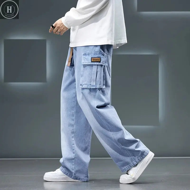 Autumn New Wide Leg Washing Jean Pants Men Trousers Neutral Solid Color Loose Casual Fashion Pocket Cargo Pants Big Size 8xl HALALZEN