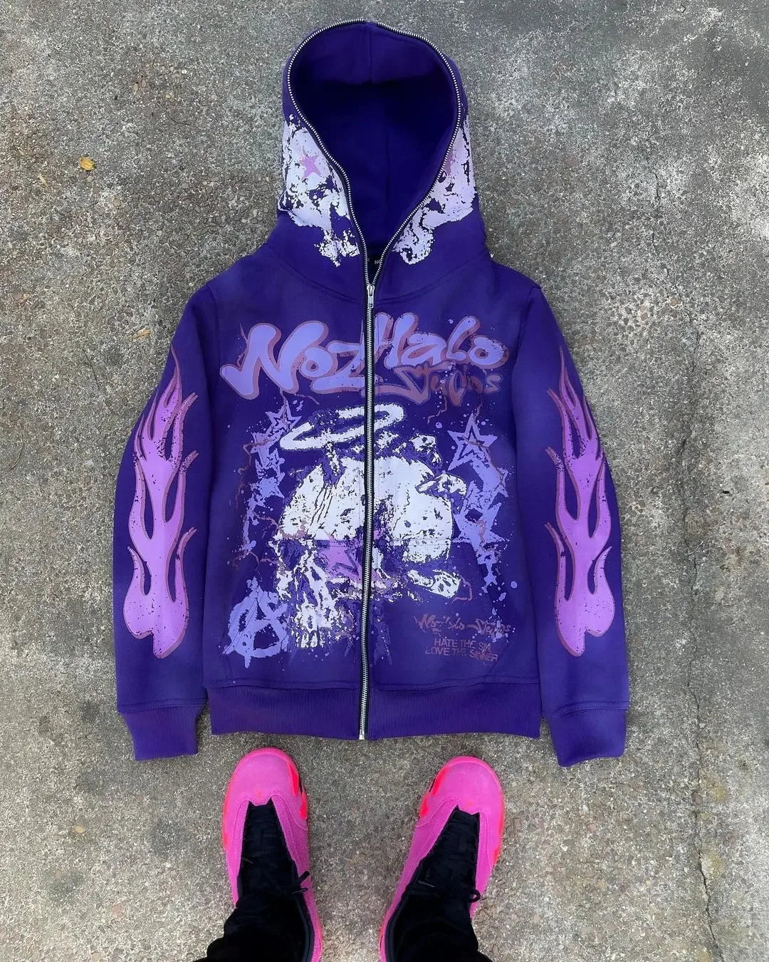 American retro Harajuku street dark hip-hop high street cartoon print zipper hoodie loose hoodie street trendsetters loose trend