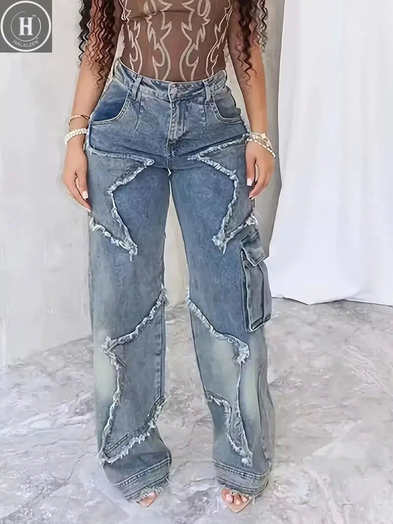 Stretch High Waist Jeans] High Waist Stretch Jeans - Women's Loose Straight Jeans with Star Embroidery Raw Edge Washed Halalzen UK