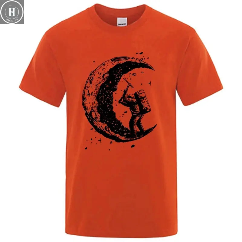 Men's High Quality 100% Cotton Moon Print Casual Summer Cool Short Sleeve Men Tshirt Loose t-shirt Male Tee Shirts Male Tee Tops HALALZEN