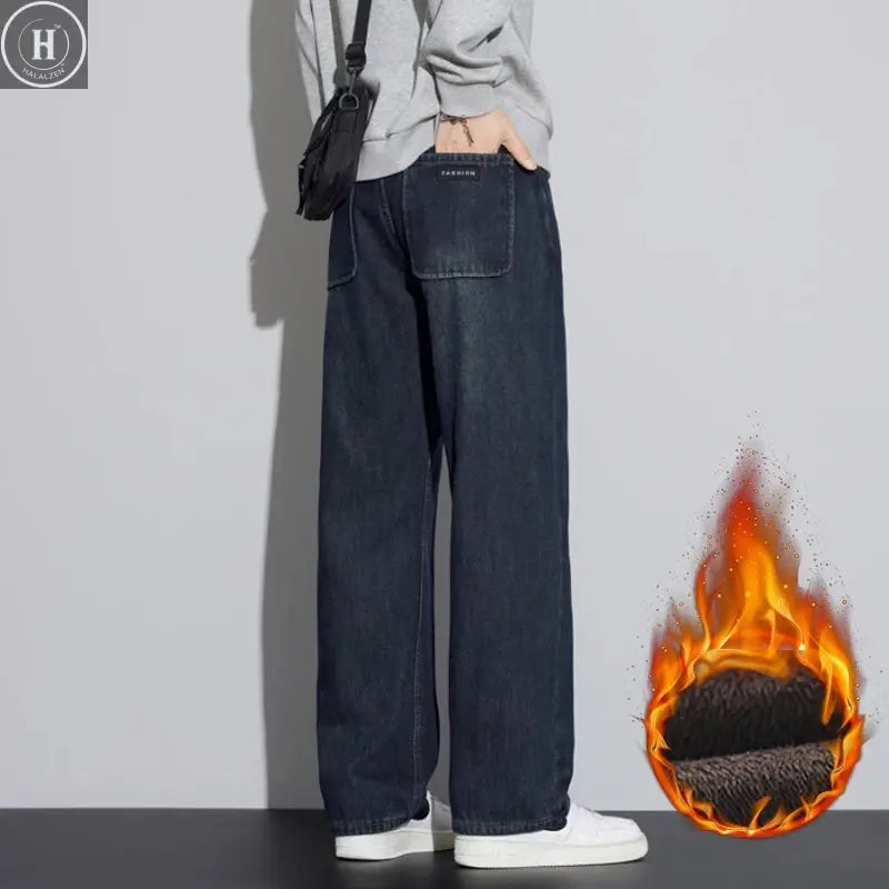 Men's Winter Thick Fleece Lined Jeans Fashion Loose Straight Wide Leg Denim Pants Warm Casual Baggy Male Trousers Streetwear Halalzen UK