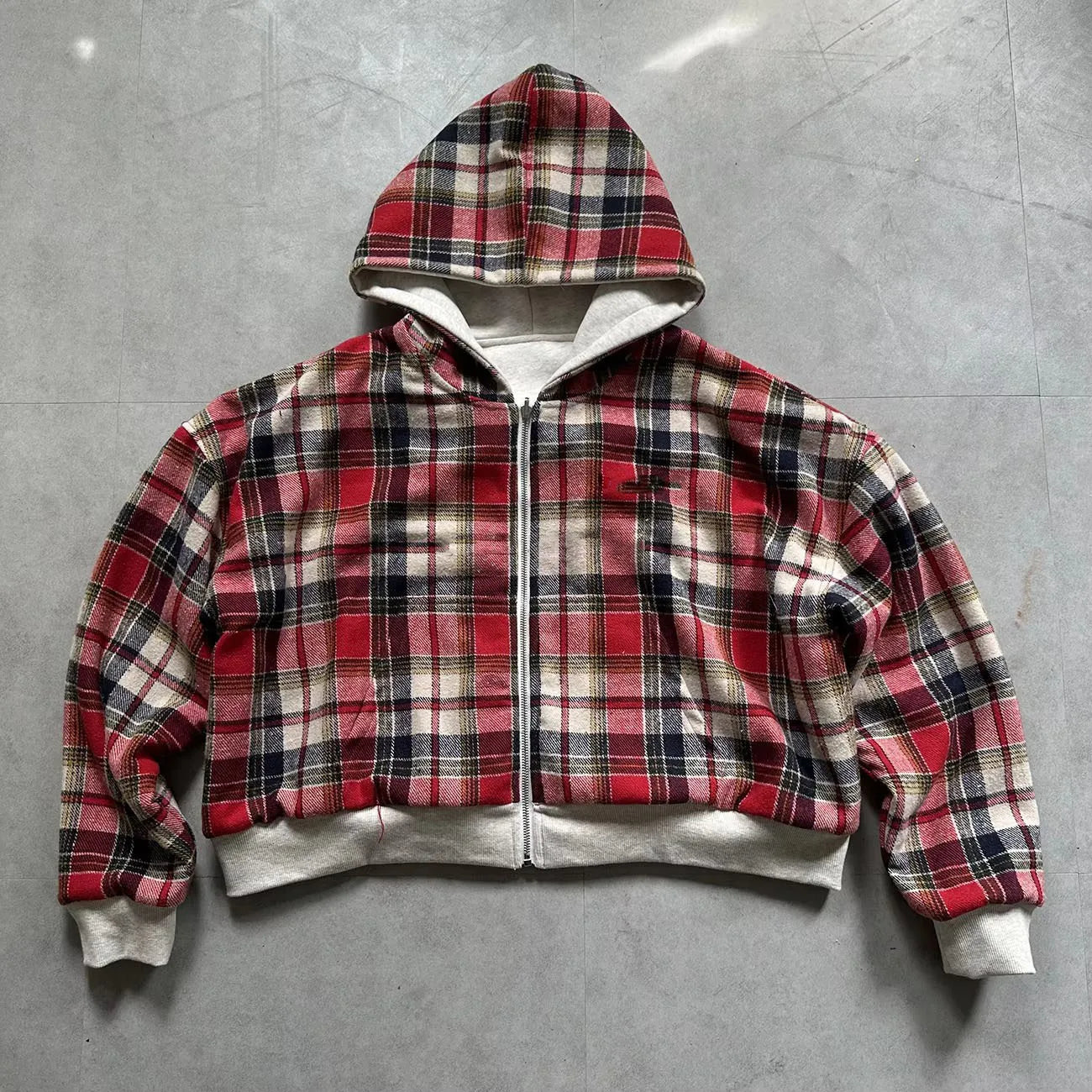 Grey Casual Spring Oversized Reversible Hoodies Women Men Streetwear Clothes Hoodie With Plaid Lining Sweatshirt Streetwear Tops