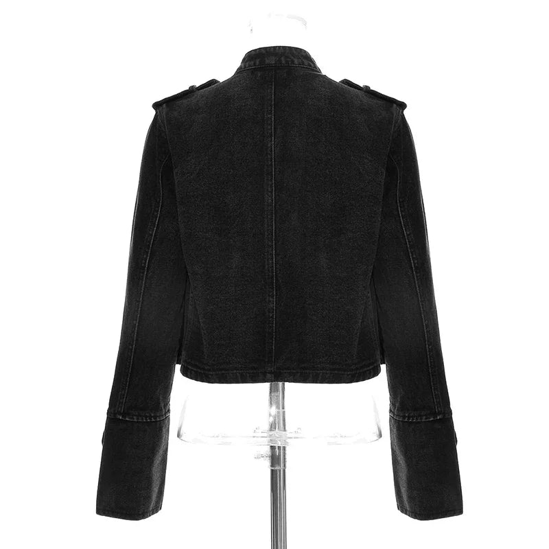 Streetwear Casual Loose Button Split Short Denim Jacket Women Fashion Spring Autumn 2025 Stand Collar Long Sleeve Jean Jacket