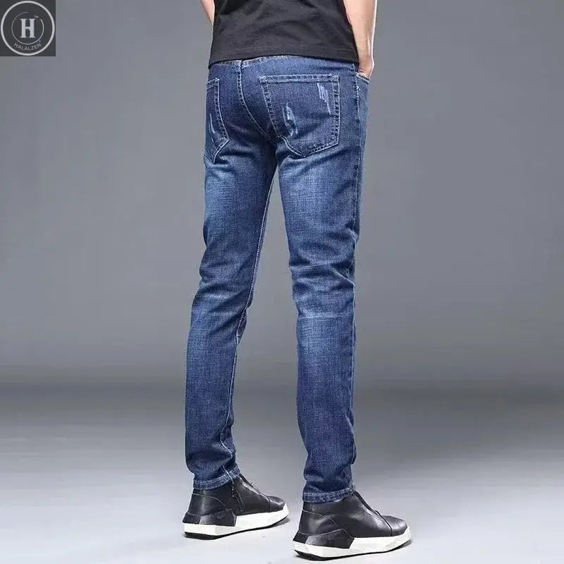 Men's Stylish Classic Business Casual Jeans Four Seasons Wear Black Blue Pants Middle-waist Leggings Denim Fabric Trousers Male Halalzen UK