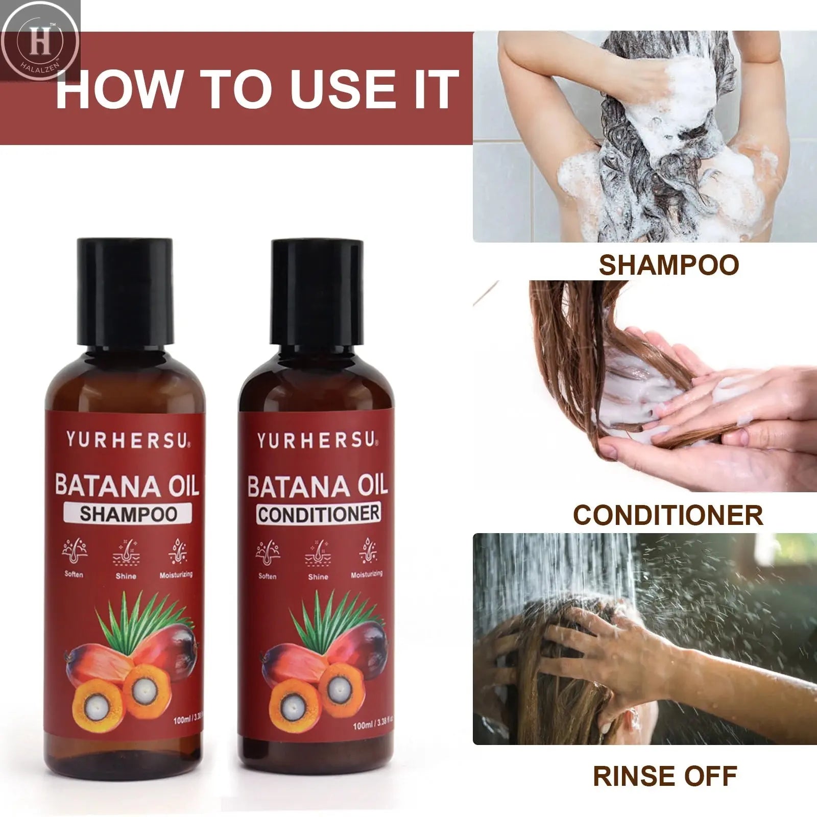 Batana Shampoo provides full shine and healthy hair care, contains Batana oil extract, and includes a cleansing conditioner HALALZEN