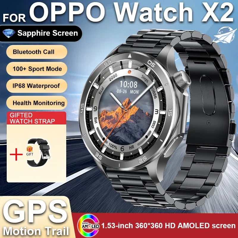 2025 New For OPPO Watch X2 GPS Smart Watch Men Bluetooth Talk Heart Rate Sports Fitness Tracker IP68 Waterproof Smartwatch Man