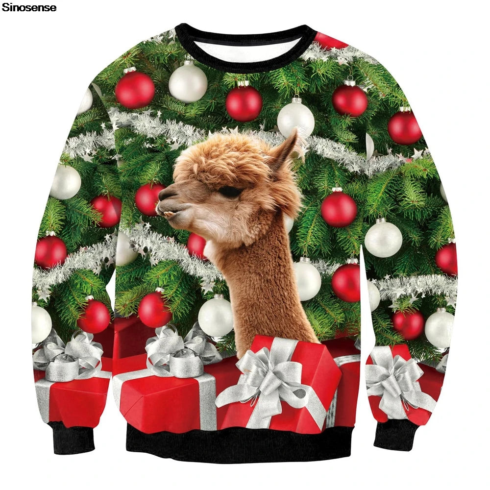 Men Women Crewneck Xmas Sweatshirt 3D Christmas Tree Gift Print Holiday Party Jumper Tops Pullover Alpaca Ugly Christmas Sweater