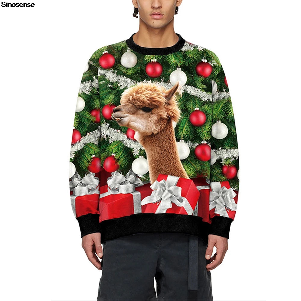 Men Women Crewneck Xmas Sweatshirt 3D Christmas Tree Gift Print Holiday Party Jumper Tops Pullover Alpaca Ugly Christmas Sweater
