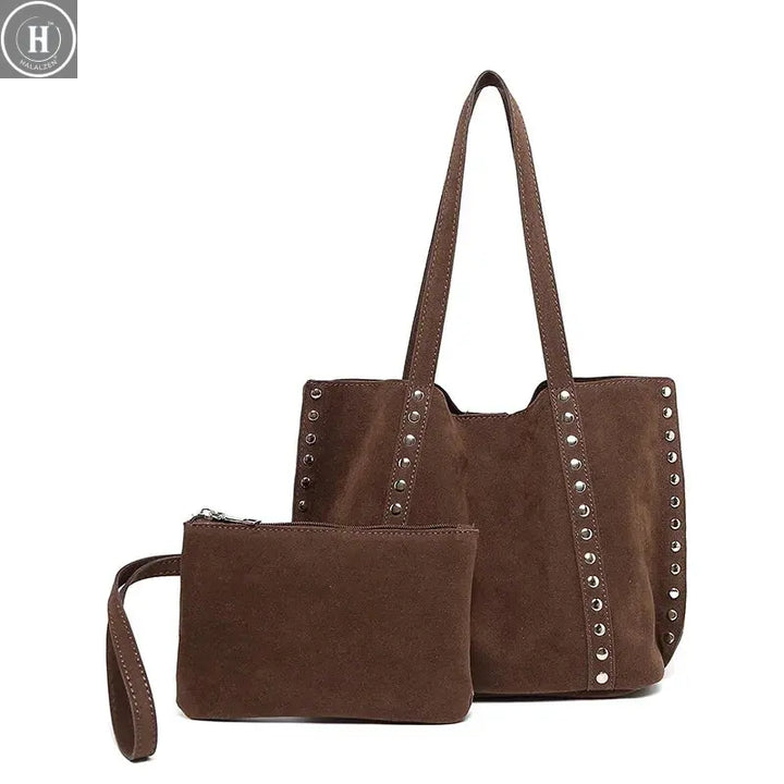 Vintage Faux suede women totes Rivet Shoulder Bag for lady  handbag and purse Matte leather Female Composite bag bolsa HALALZEN