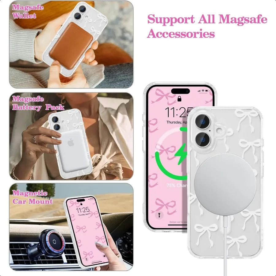 UEEBAI Magnetic for iPhone 16 Case Bow Case Compatible with MagSafe Wirel Slim Clear Ribbon Aesthetic Phone Cover AntiYellowing