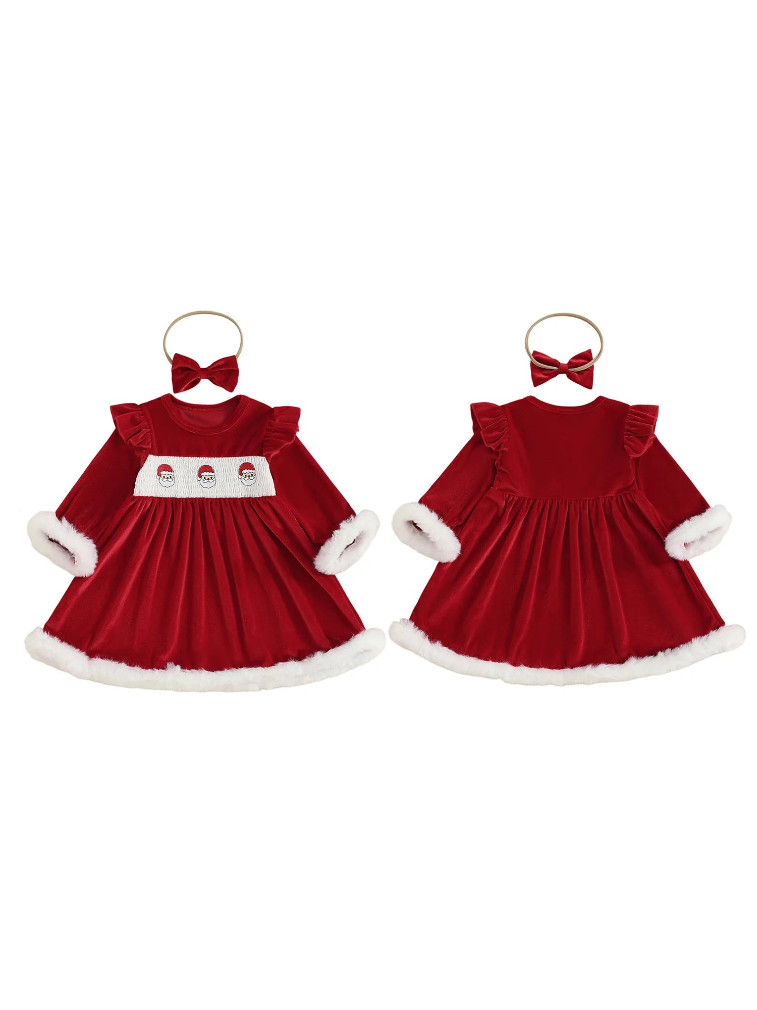 Christmas Toddler Girl Velvet Dress with Santa Claus Embroidery Round Neck Long Sleeves A Line Silhouette and Matching Bow