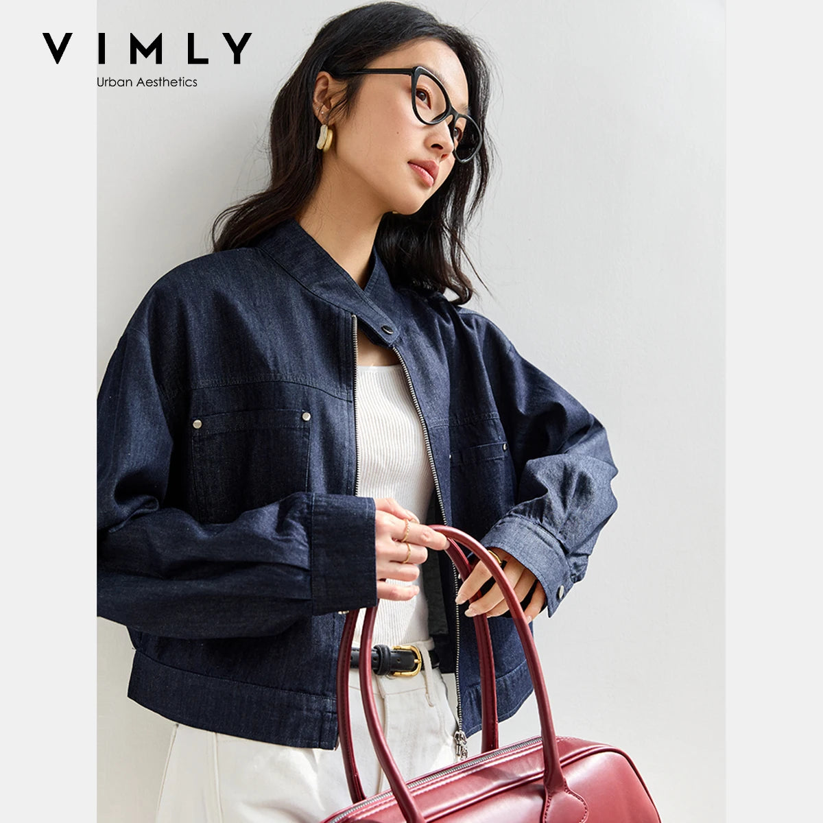 VIMLY Blue Denim Jackets Women Stand-up Collar Short Jeans Jacket Ladies 2025 Spring Autumn Zipper Loose Outerwear Woman A0616