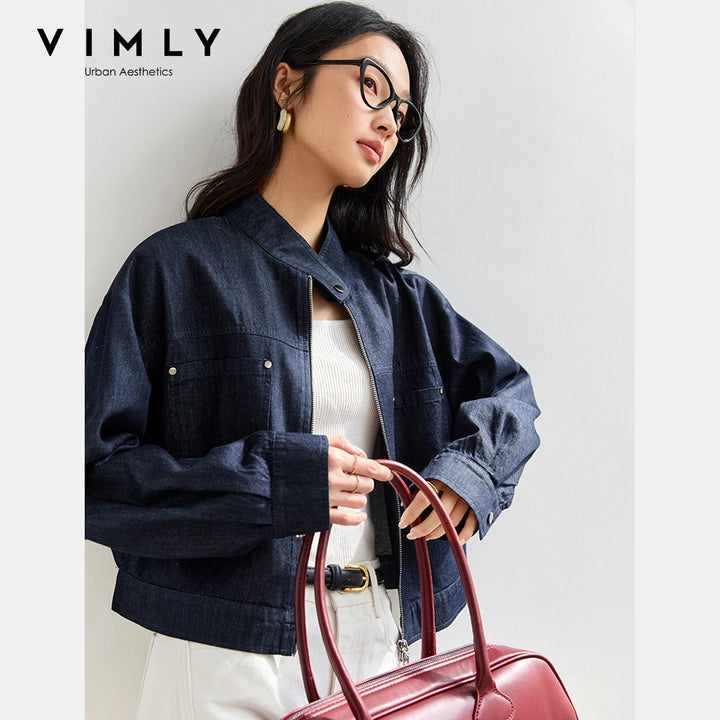 VIMLY Blue Denim Jackets Women Stand-up Collar Short Jeans Jacket Ladies 2025 Spring Autumn Zipper Loose Outerwear Woman A0616