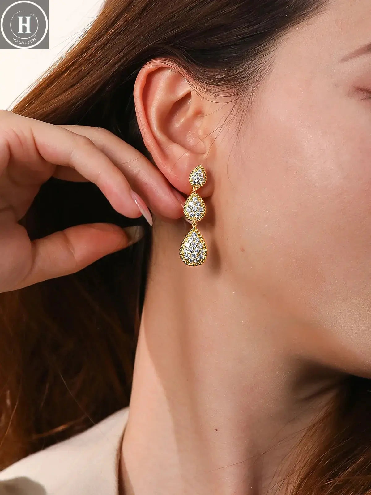 TYYL High Quality Classic 3 Water Drop Luxury Ear clip Drop Earrings Stud Party Wedding Long Earring Zircon Jewelry For Women HALALZEN