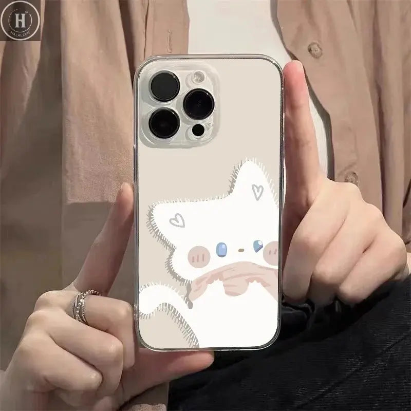 Cartoon Black White Cat Couple Paired Phone Case For iPhone 17 16 Pro Max 15 14 11 12 13 Plus Clear Cover Fundas Halalzen UK