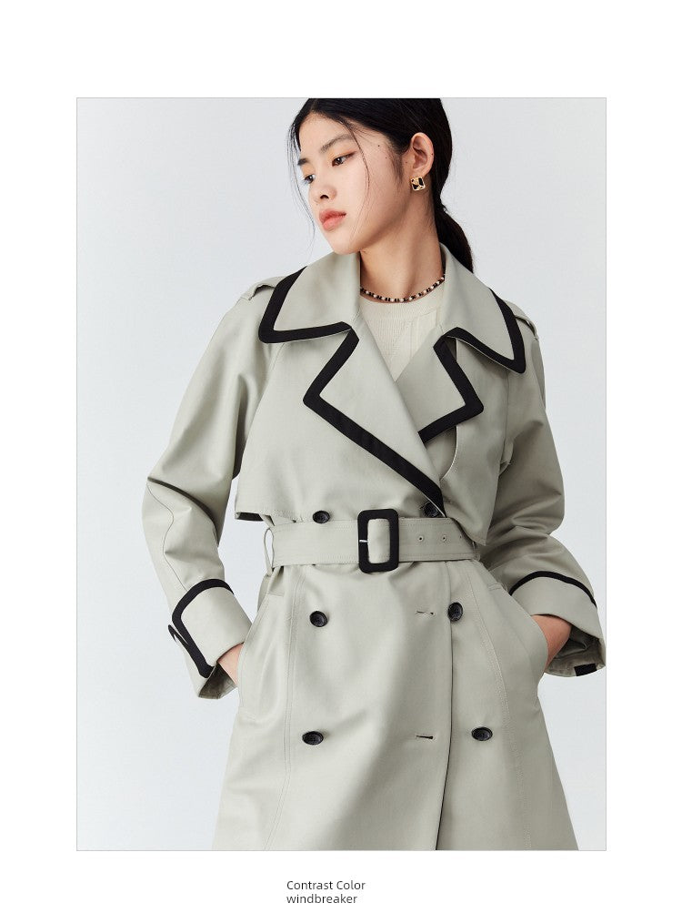 # PEACEBIRD Patchwork Contrast Color Long Trench Coat Women's Spring Double Breasted Trench Coat and Overcoat Women