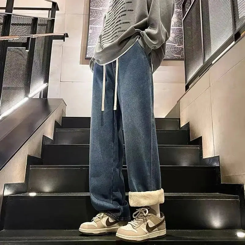 2026Men's Winter Fleece-Lined Jeans Thick Warm Brushed Denim Korean Style Straight Fit Insulated Trousers for Asians Sizes M-3XL Halalzen UK