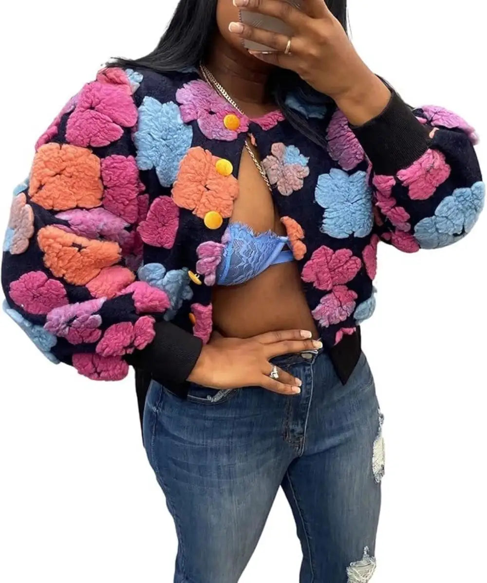 Wool Coats for Women Floral Puff Sleeve Embroidered Printing Short Fall Winter Jacket