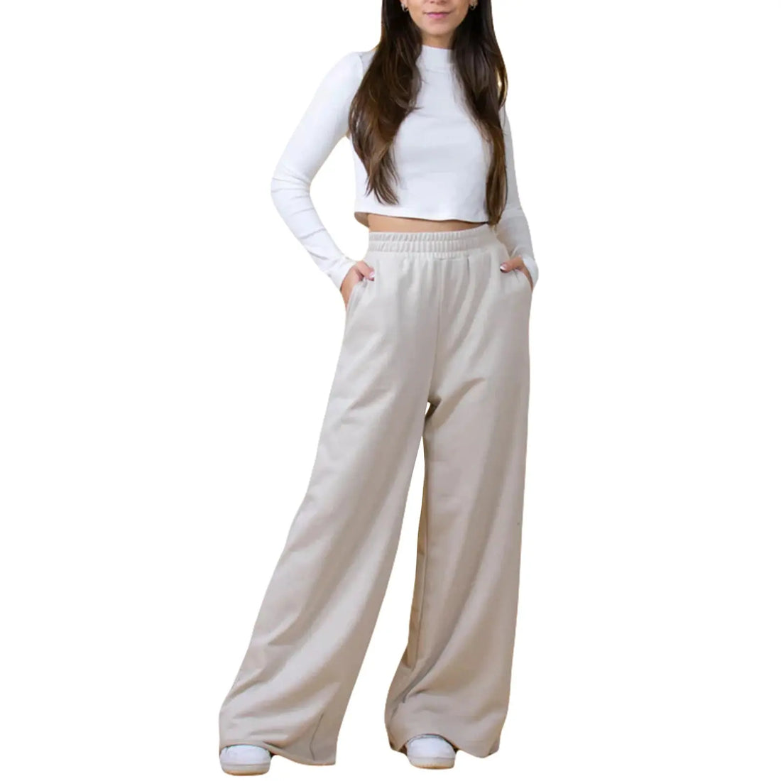 Women s High Waist Wide-Leg Pants in Solid Color Elastic Waistband Loose Fit Casual Fall Sweatpants with Straight Bottoms Halalzen UK