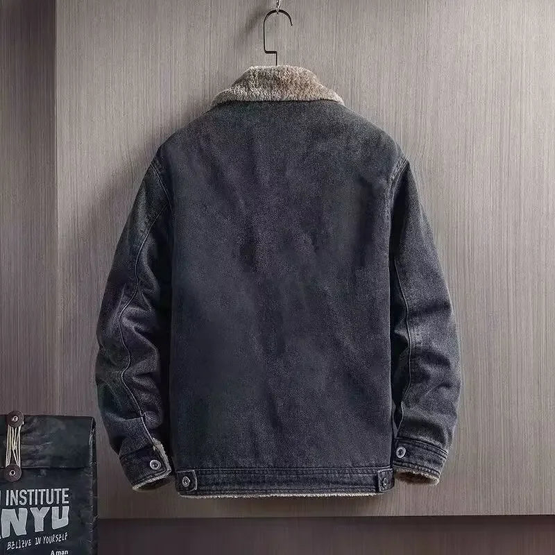 Winter 2025 Cowboy Coat for Men Vintage Warm Denim Jackets Man Padded Sherpa Loose Elatic Japanese Retro Outwear High Quality