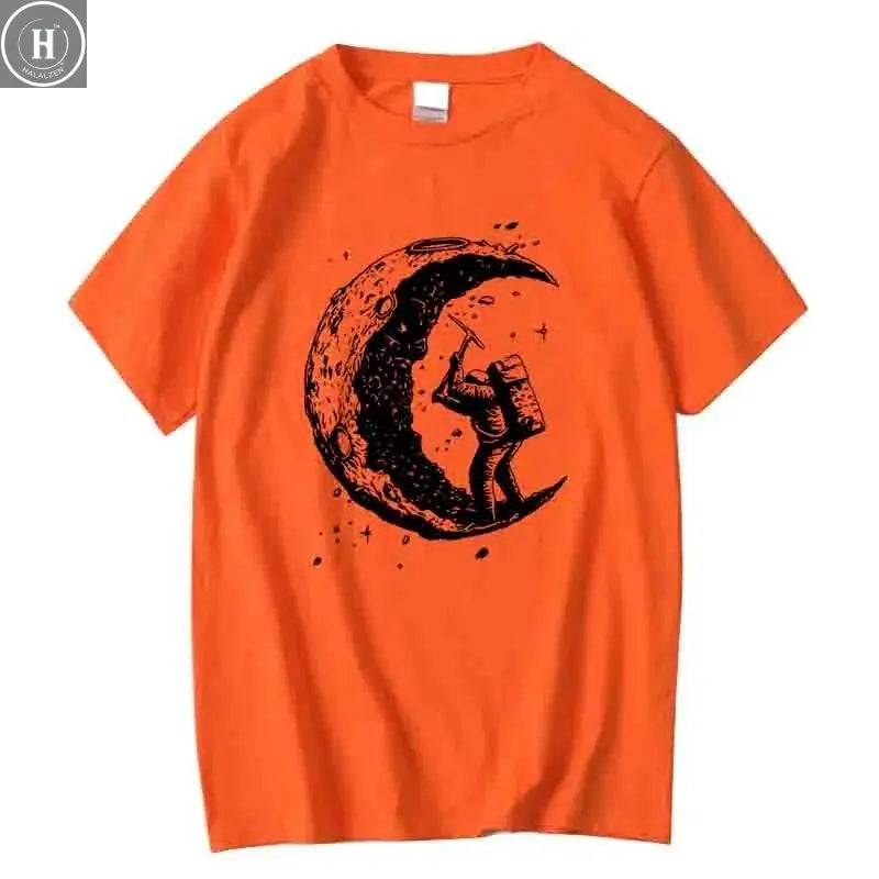 Men's High Quality 100% Cotton Moon Print Casual Summer Cool Short Sleeve Men Tshirt Loose t-shirt Male Tee Shirts Male Tee Tops HALALZEN