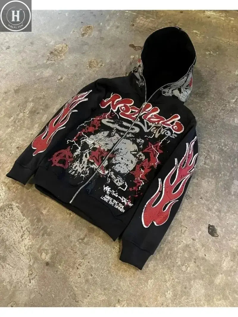 Explosions of New Harajuku Zipper Hooded Sweater Street Men and Women Retro Shirt Sweatshirt Gothic Jacket Hooded Couple Sweater HALALZEN