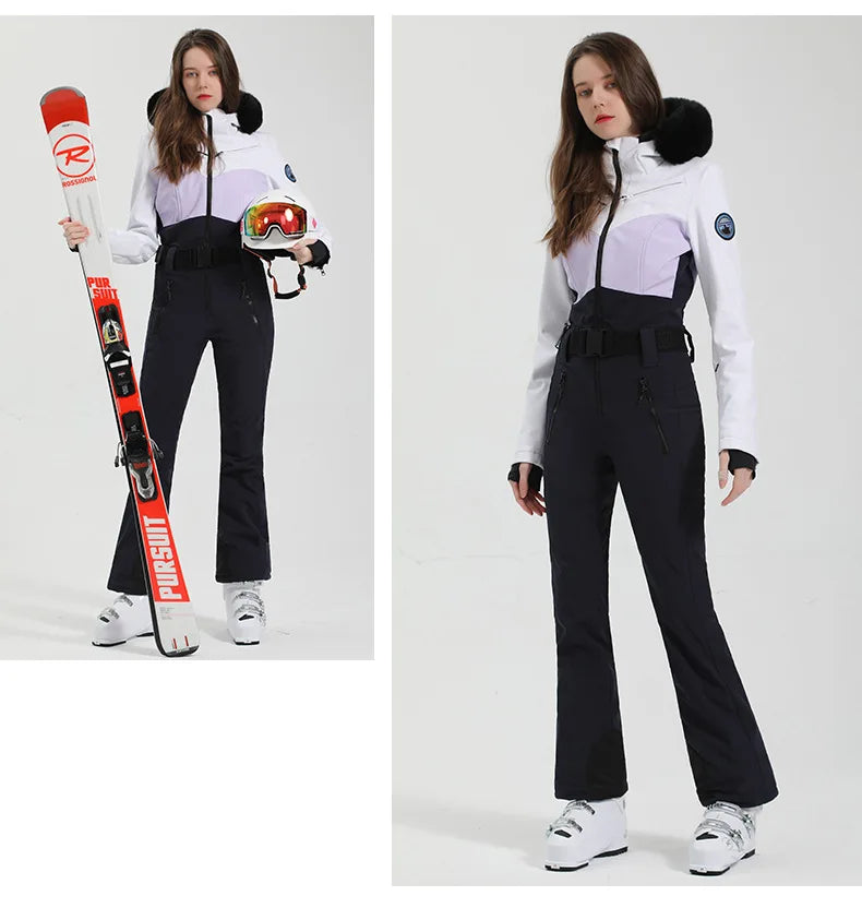 Winter New 2025 One-Piece Ski Suit Women Slim Outdoor Snowboarding Jacket Warm Waist Skiing Set Jumpsuits Windproof Waterproof