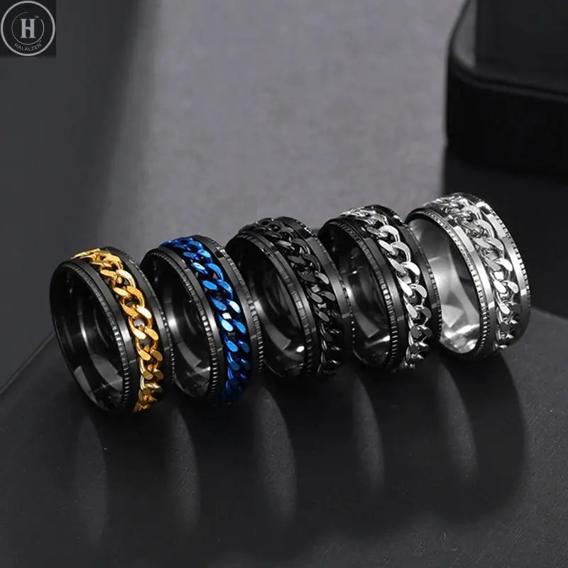 Cool Stainless Steel Rotatable Men Ring High Quality Spinner Chain Punk Women Jewelry for Party Gift HALALZEN