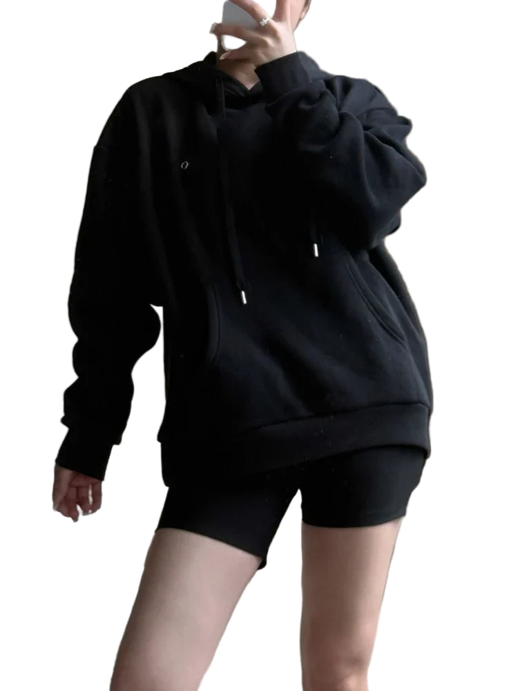 Autumn Drawstring Hoodie Women Loose Cotton Classic Letter Sweatshirt Fashion Casual Sports Solid Black Pullover Hoodies Women