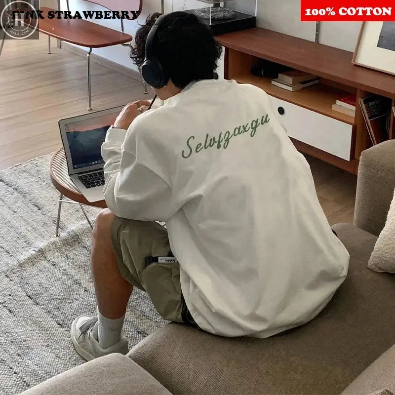 American Letter White T-shirt Men Autumn Winter 2025 New 100% Cotton Long sleeves Sport Gym T-shirt Loose Y2k Top men clothing HALALZEN