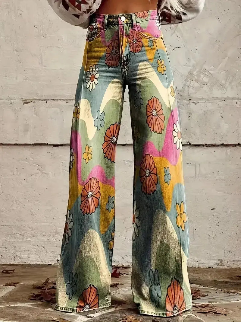 Plus Size Women's Thin Imitation Denim Bell-Bottom Pants with Sunflower and Daisy Flower Print Elastic Belt and Diagonal Flap Pocket Pantss, Comfortable and Fashionable in All Seasons Halalzen UK