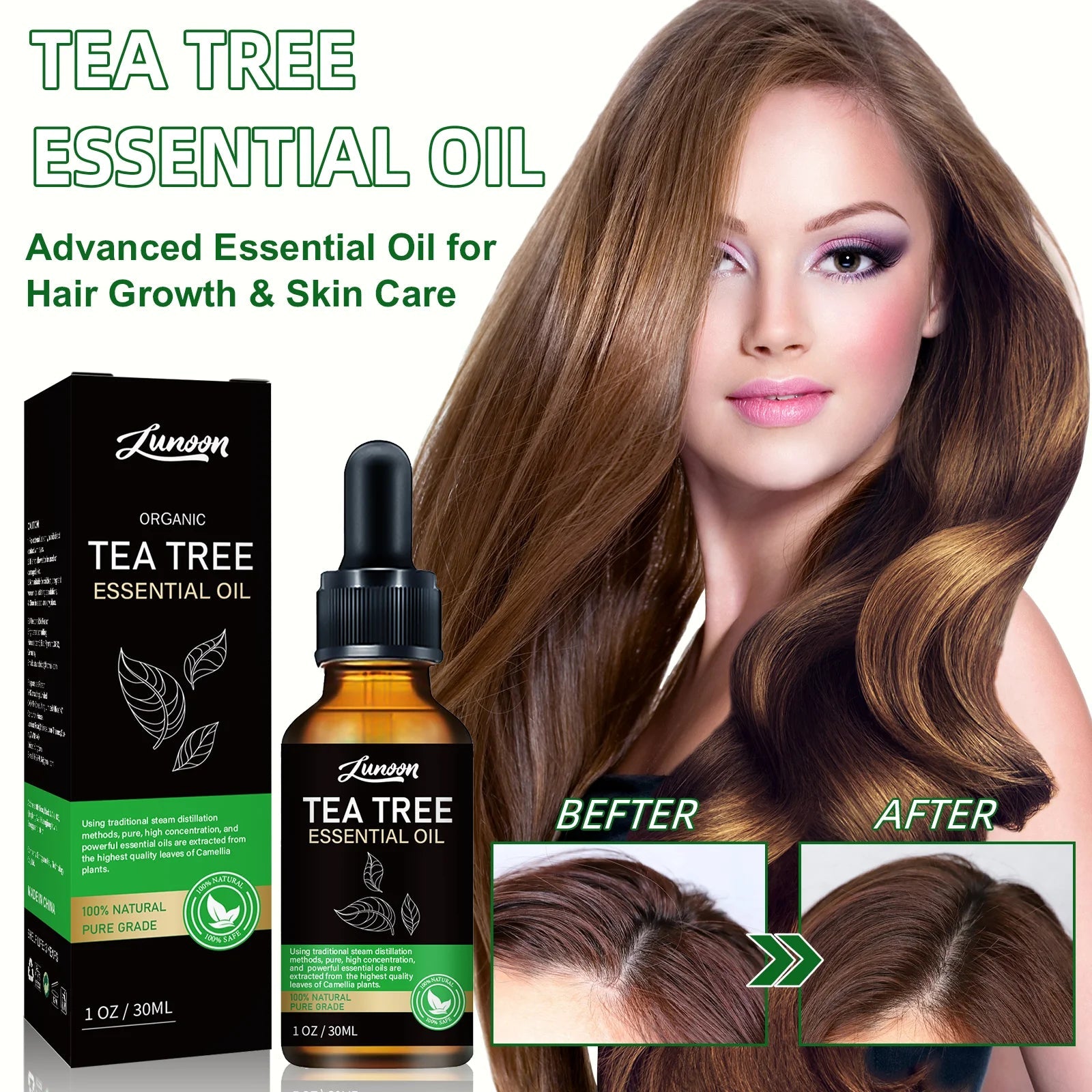 LUNOON Tea Tree Essential Oil 30ml for Hair Growth, Scalp Nourishment & Dry Skin Care Multi-Use Natural Tea Tree Oil HALALZEN