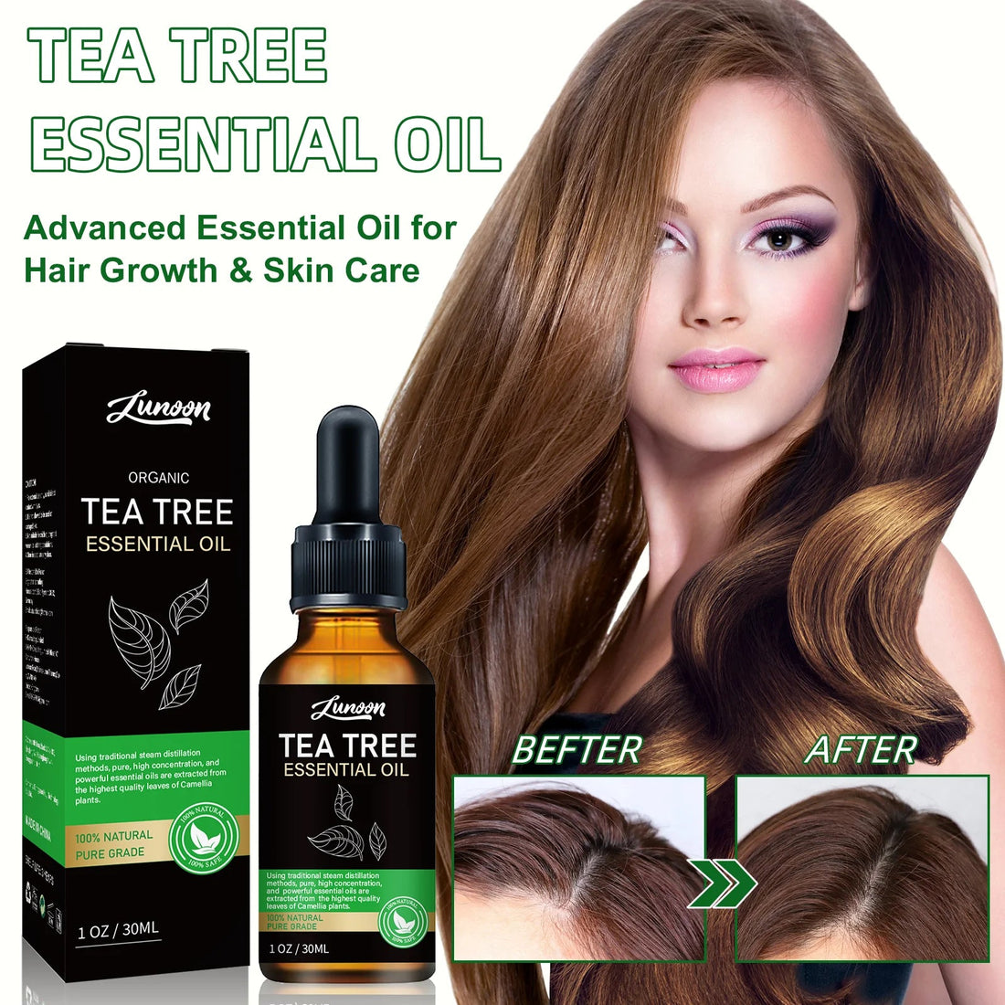 LUNOON Tea Tree Essential Oil 30ml for Hair Growth, Scalp Nourishment & Dry Skin Care Multi-Use Natural Tea Tree Oil HALALZEN