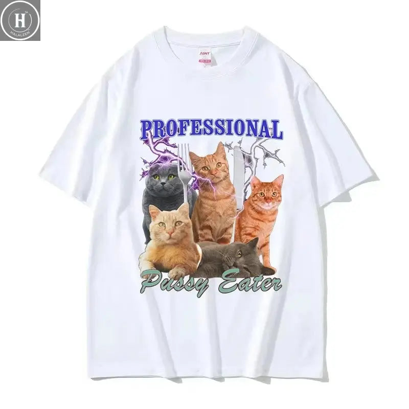 Professional Pussy Eater Funny Cat Lover Tee Shirt Men's Casual Fashion Clothing T-shirt Unisex 100% Cotton Oversized T Shirts HALALZEN