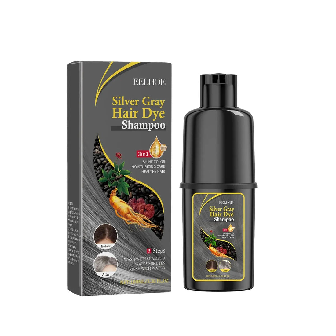 EELHOE 100ml Hair Dye Shampoo Silver Gray Quickly Dye Moisturize Make Hair Soft Shiny High-efficiency Dye Safe Gentle Hair Care HALALZEN