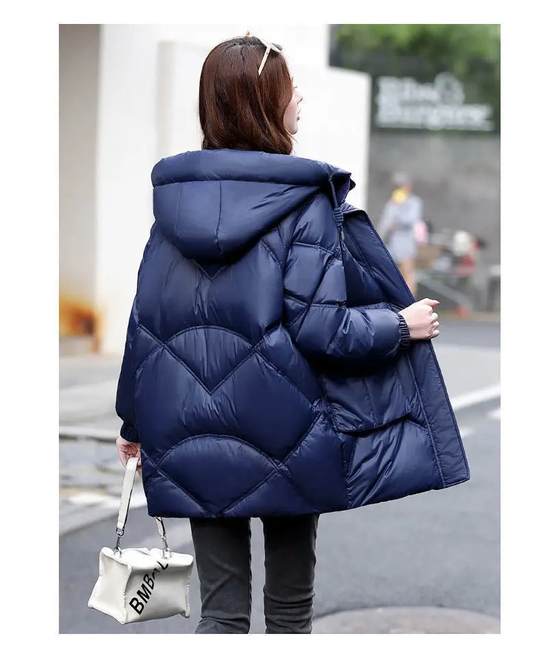 2024 New Women Jacket Winter Parkas Long Coat Fur Collar Hooded Glossy Overcoat Female Cotton Padded Parka Waterproof Outwear