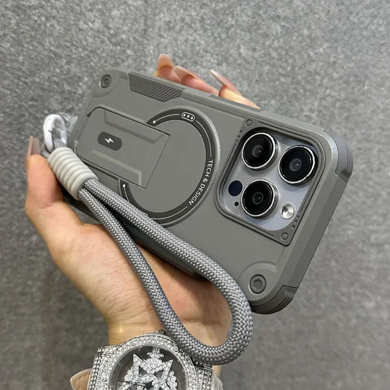 For Magsafe Case for IPhone 17 16 14 13 11 12 15 Pro Max Plus Magnetic Wireless Charging Wrist Strap Stand Hard Anti-fall Cover