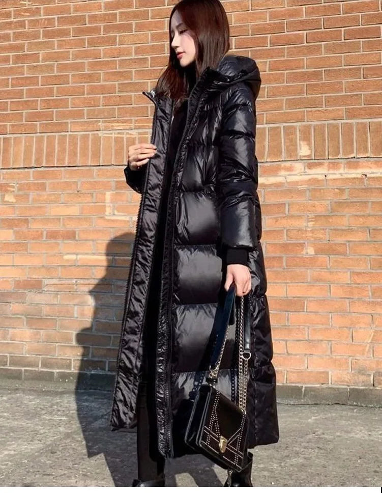 Black Glossy Parka Coat Women's 2024 Fashion Thicken Winter Hooded Loose Long Jacket Female Windproof Rainproof Warm Outwear