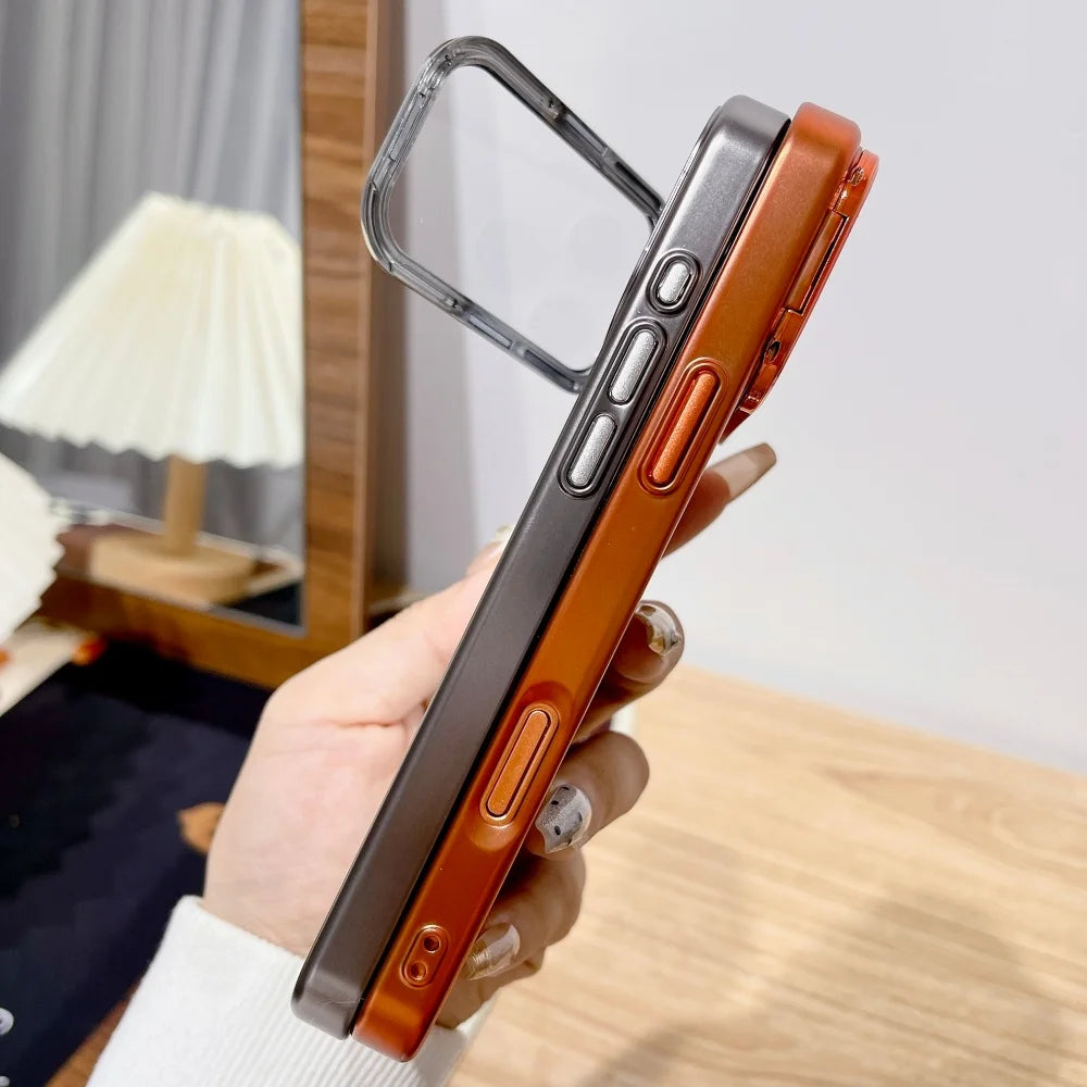 Plating Fold Glass Camera Stand Holder Phone Case For iPhone 17 17Pro 17Air 17 Pro Max Ultra Thin Transparent Shockproof 2028