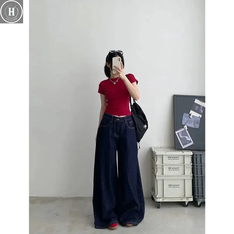 Blue Womens Jeans High Waist Vintage Straight Summer Y2K Classic Denim Pants Streetwear American Wide Leg Baggy Denim Trouser Halalzen UK