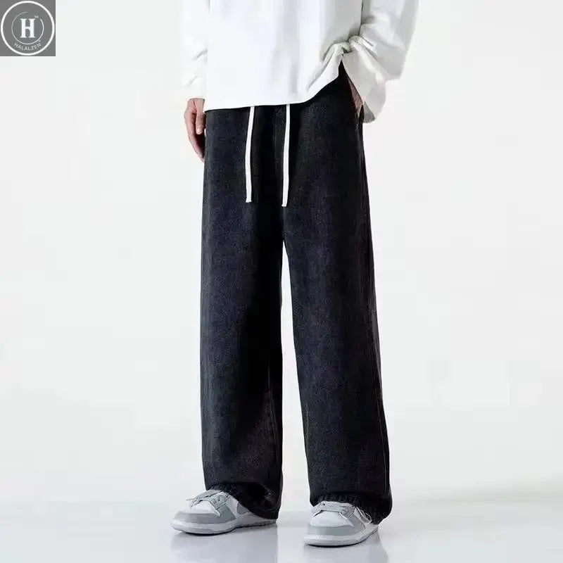 Men's Winter Fleece Loose Jeans  Elastic Waist Wide Leg Y2K Denim Pants Straight Comfortable Brand Men's Clothing HALALZEN