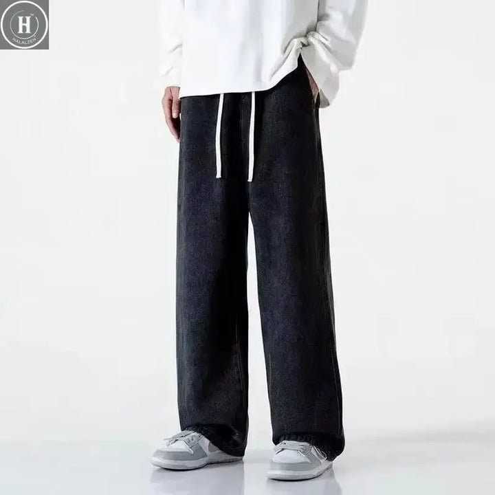 Men's Winter Fleece Loose Jeans  Elastic Waist Wide Leg Y2K Denim Pants Straight Comfortable Brand Men's Clothing HALALZEN