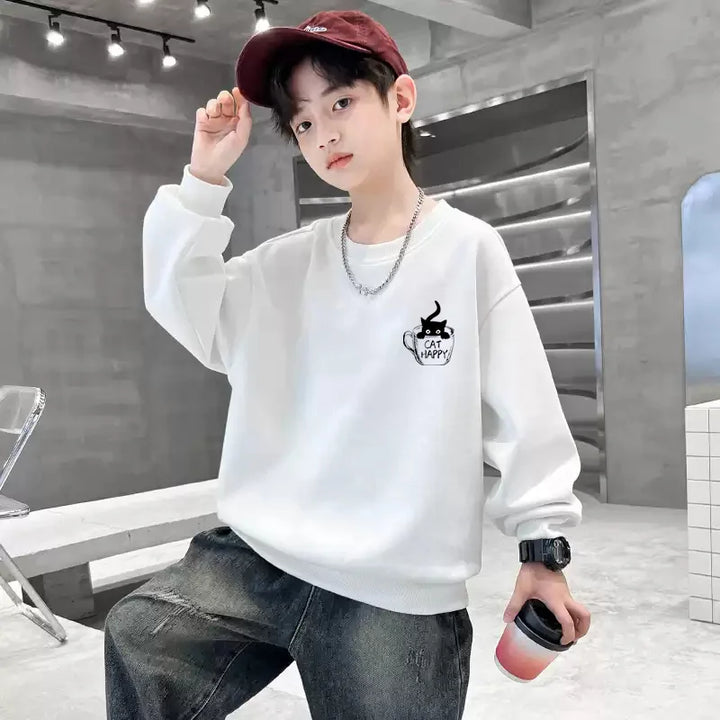New Boys Girls Sweatshirt Pullover Autumn Korean Version Cartoon Cat Group Printed Long Sleeves T-Shirt Tops Casual Kids Clothes