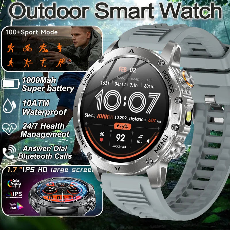 2026 New Military Smart Watch 1000Mah Battery Fitness Tracking 10ATM Waterproof Tactics Sport Flashlight call Bracelet For Men