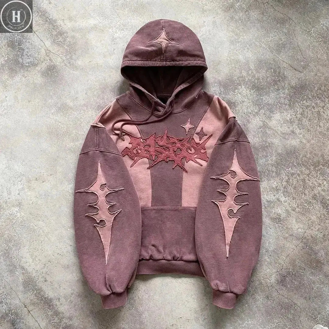 Fashion Color Matching Creative Pattern Patchwork American Harajuku Pullover 2000s Street Rock Vitality Long Sleeve Loose Hoodie HALALZEN