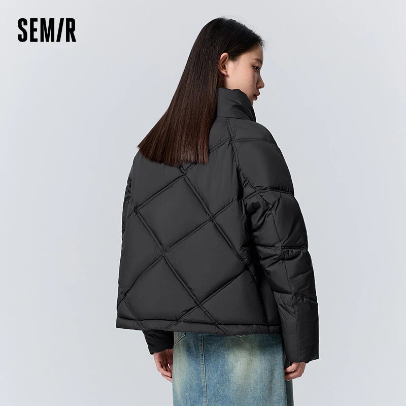 Semir Cotton Clothing Women Loose Stand Collar Simple Casual Temperament Winter Gentle Waterproof Rhombus Versatile Thick Coat