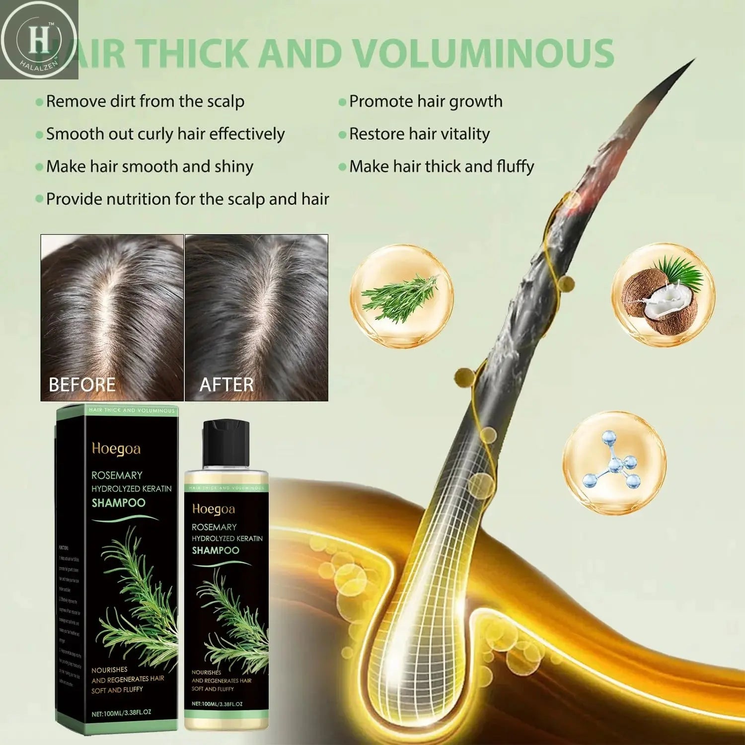 Rosemary Oil Hair Growth Shampoo Organic Thickening for Thinning Hair & Hair Loss Volumizing Natural Shampoo for Men and Women HALALZEN