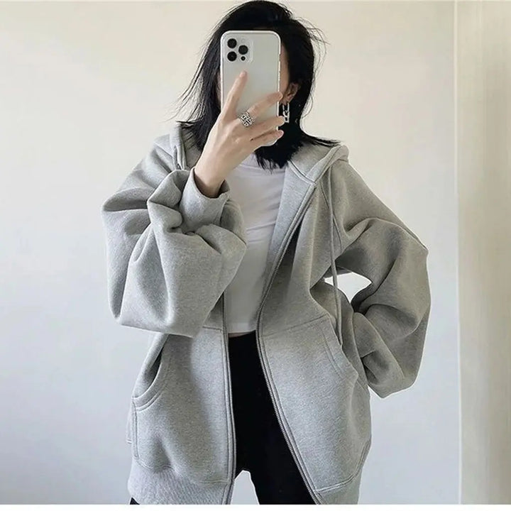 Women Loose Hooded Sweatshirt Jacket 2025 Spring Fall Solid Zipper Long Sleeve Coat Oversize Vintage Korean Hoodies Casual Wear
