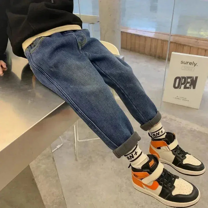 Winter Velvet Lined Boys Jeans Pants Elastic High Waist Warm Kids Vaqueros Pantalones Vintage Thick Plush Children Denim Calca HALALZEN