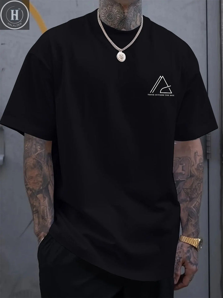 Summer men's 100% cotton comfortable casual wide plus plus size geometric letter printed round neck short sleeved T-shirt top HALALZEN